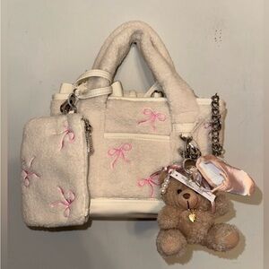 New Madden Girl Cream Sherpa Pink Bow Bear Ballet Slipper Mini Tote